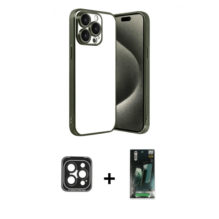 MARSİLYAN™- iPhone 15 Pro Max Kılıf Vadi Minimal - Şeffaf 360 Full Body Arka Koruyucu + PVD Metal Kamera Lens - SH