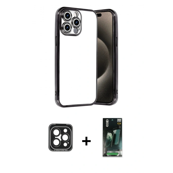 MARSİLYAN™- iPhone 15 Pro Max Kılıf Vadi Minimal - Şeffaf 360 Full Body Arka Koruyucu + PVD Metal Kamera Lens - SH