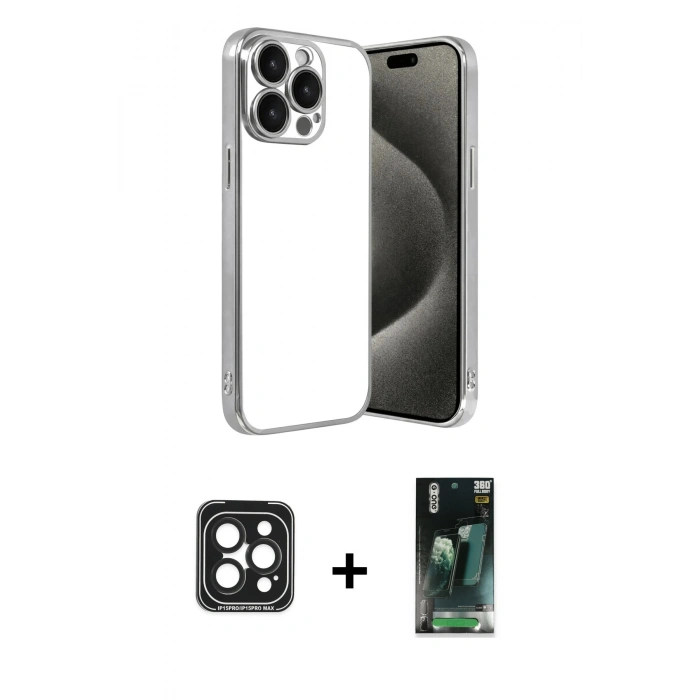MARSİLYAN™- iPhone 15 Pro Max Kılıf Vadi Minimal - Şeffaf 360 Full Body Arka Koruyucu + PVD Metal Kamera Lens - SH