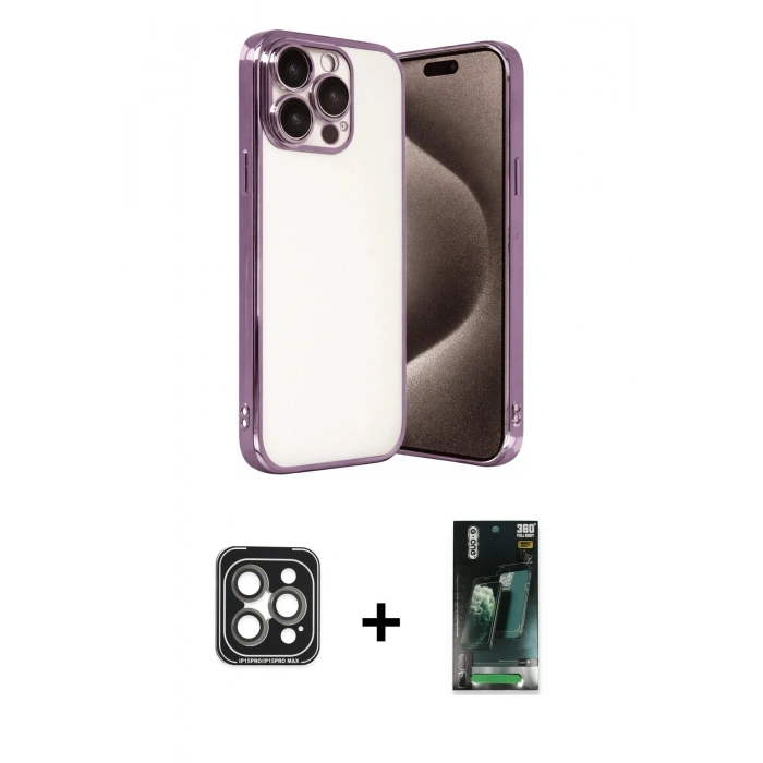 MARSİLYAN™- iPhone 15 Pro Max Kılıf Vadi Minimal - Şeffaf 360 Full Body Arka Koruyucu + PVD Metal Kamera Lens - GI