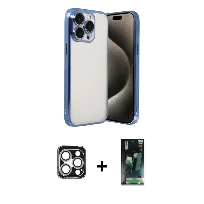 MARSİLYAN™- iPhone 15 Pro Max Kılıf Vadi Minimal - Şeffaf 360 Full Body Arka Koruyucu + PVD Metal Kamera Lens - GS