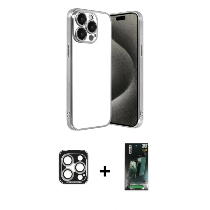MARSİLYAN™- iPhone 15 Pro Max Kılıf Vadi Minimal - Şeffaf 360 Full Body Arka Koruyucu + PVD Metal Kamera Lens - GS