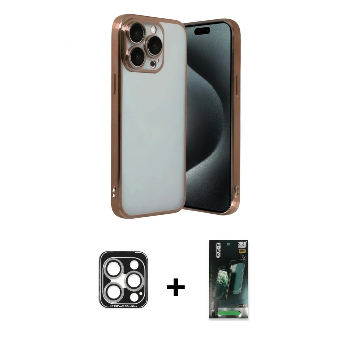 MARSİLYAN™- iPhone 15 Pro Max Kılıf Vadi Minimal - Şeffaf 360 Full Body Arka Koruyucu + PVD Metal Kamera Lens - GS