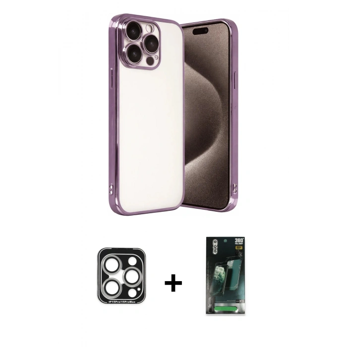 MARSİLYAN™- iPhone 15 Pro Max Kılıf Vadi Minimal - Şeffaf 360 Full Body Arka Koruyucu + PVD Metal Kamera Lens - GS