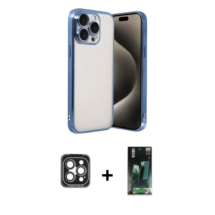 MARSİLYAN™- iPhone 15 Pro Max Kılıf Vadi Minimal - Şeffaf 360 Full Body Arka Koruyucu + PVD Metal Kamera Lens - GI