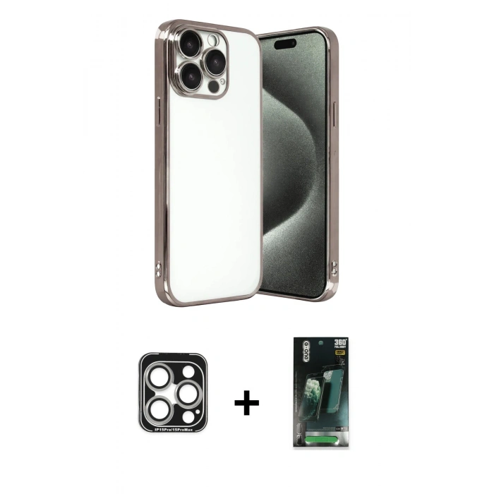 MARSİLYAN™- iPhone 15 Pro Max Kılıf Vadi Minimal - Şeffaf 360 Full Body Arka Koruyucu + PVD Metal Kamera Lens - GS