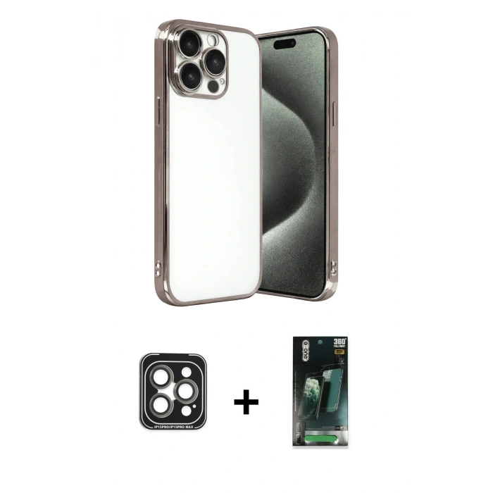 MARSİLYAN™- iPhone 15 Pro Max Kılıf Vadi Minimal - Şeffaf 360 Full Body Arka Koruyucu + PVD Metal Kamera Lens - GI