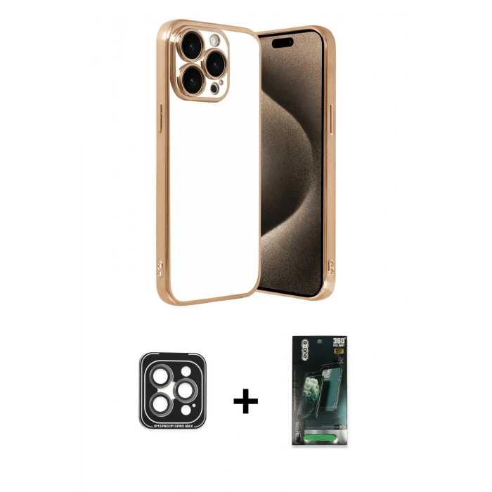 MARSİLYAN™- iPhone 15 Pro Max Kılıf Vadi Minimal - Şeffaf 360 Full Body Arka Koruyucu + PVD Metal Kamera Lens - GI