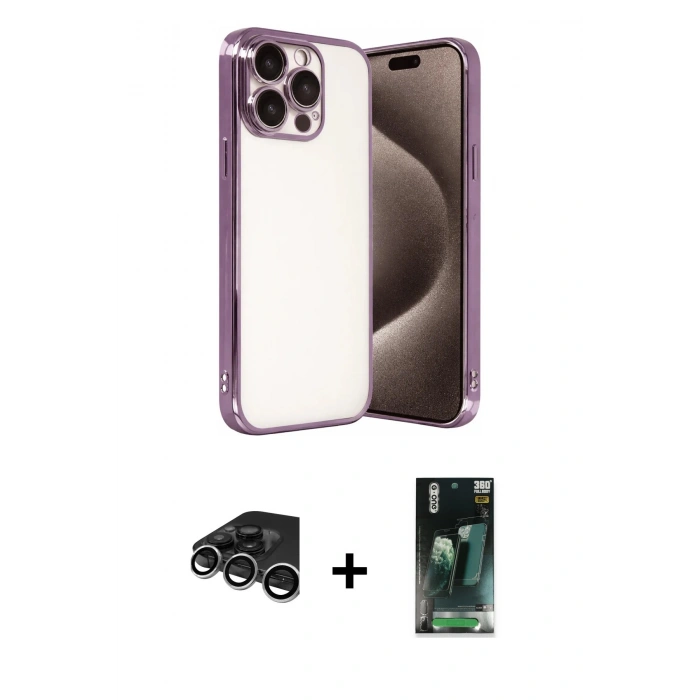 MARSİLYAN™- iPhone 15 Pro Max Kılıf Vadi Minimal - Şeffaf 360 Full Body Arka Koruyucu + Raze Metal Kamera Lens - GS