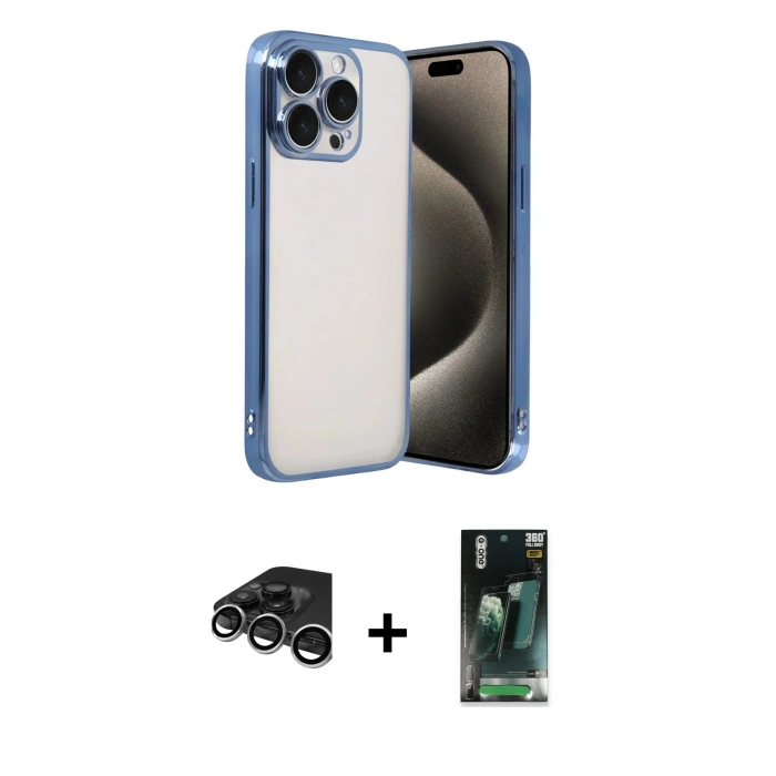 MARSİLYAN™- iPhone 15 Pro Max Kılıf Vadi Minimal - Şeffaf 360 Full Body Arka Koruyucu + Raze Metal Kamera Lens - GS