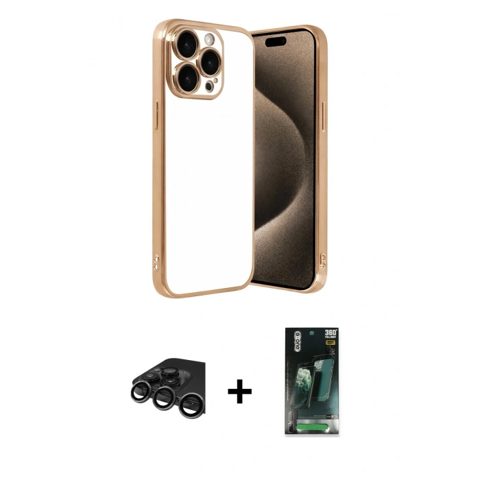 MARSİLYAN™- iPhone 15 Pro Max Kılıf Vadi Minimal - Şeffaf 360 Full Body Arka Koruyucu + Raze Metal Kamera Lens - TMGI