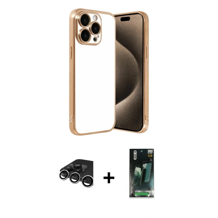 MARSİLYAN™- iPhone 15 Pro Max Kılıf Vadi Minimal - Şeffaf 360 Full Body Arka Koruyucu + Raze Metal Kamera Lens - GS
