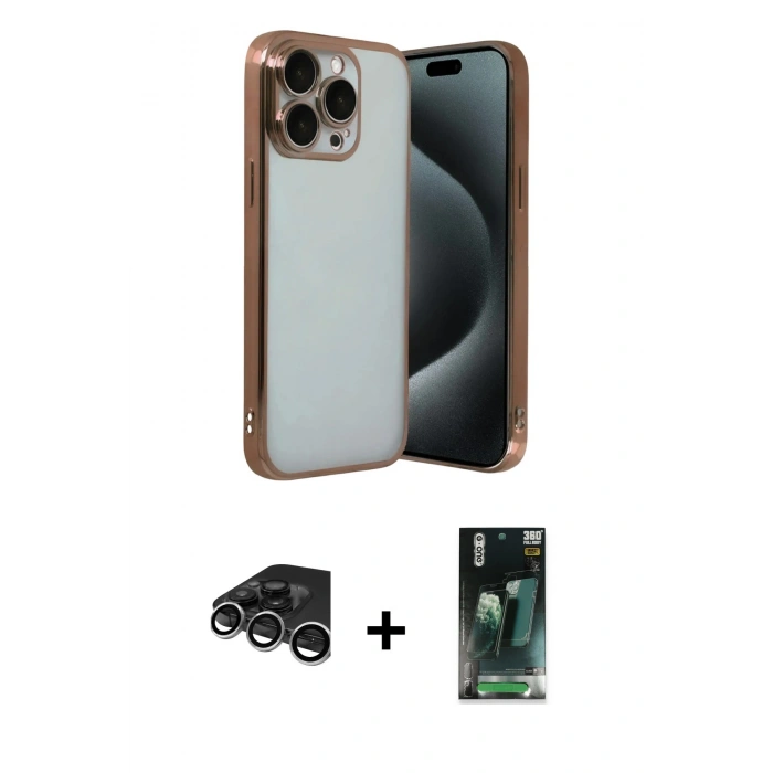 MARSİLYAN™- iPhone 15 Pro Max Kılıf Vadi Minimal - Şeffaf 360 Full Body Arka Koruyucu + Raze Metal Kamera Lens - GS