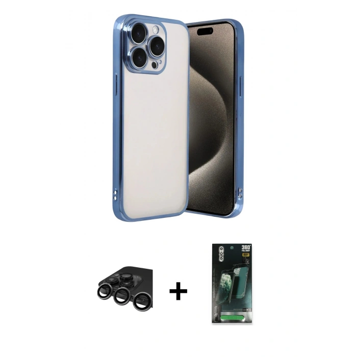 MARSİLYAN™- iPhone 15 Pro Max Kılıf Vadi Minimal - Şeffaf 360 Full Body Arka Koruyucu + Raze Metal Kamera Lens - TMGI