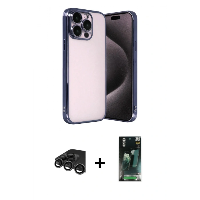 MARSİLYAN™- iPhone 15 Pro Max Kılıf Vadi Minimal - Şeffaf 360 Full Body Arka Koruyucu + Raze Metal Kamera Lens - TMGI