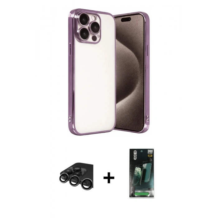 MARSİLYAN™- iPhone 15 Pro Max Kılıf Vadi Minimal - Şeffaf 360 Full Body Arka Koruyucu + Raze Metal Kamera Lens - TMGI