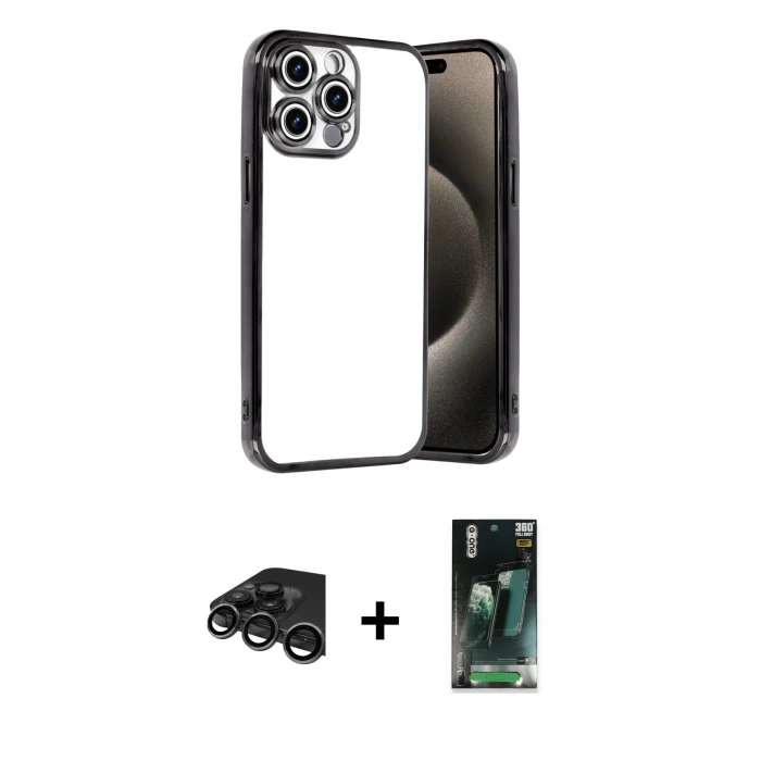 MARSİLYAN™- iPhone 15 Pro Max Kılıf Vadi Minimal - Şeffaf 360 Full Body Arka Koruyucu + Raze Metal Kamera Lens - TMGI
