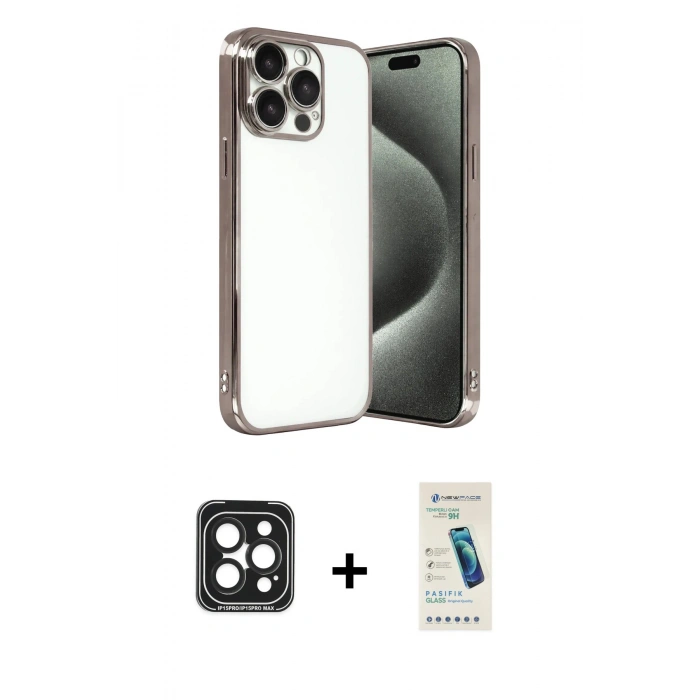 MARSİLYAN™- iPhone 15 Pro Max Kılıf Vadi Minimal - Şeffaf Pasifik Cam Ekran Koruyucu + PVD Metal Kamera Lens - SH