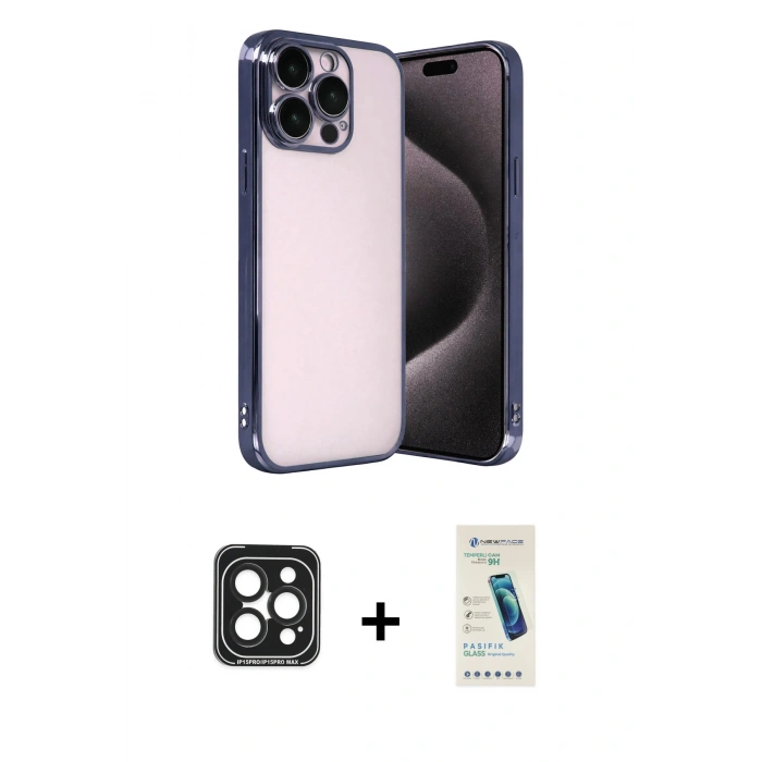 MARSİLYAN™- iPhone 15 Pro Max Kılıf Vadi Minimal - Şeffaf Pasifik Cam Ekran Koruyucu + PVD Metal Kamera Lens - SH
