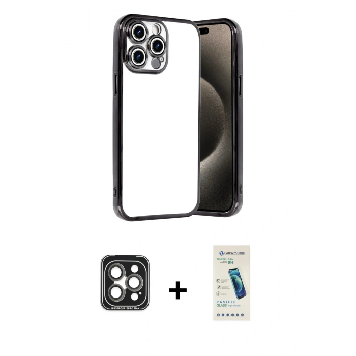 MARSİLYAN™- iPhone 15 Pro Max Kılıf Vadi Minimal - Şeffaf Pasifik Cam Ekran Koruyucu + PVD Metal Kamera Lens - GI