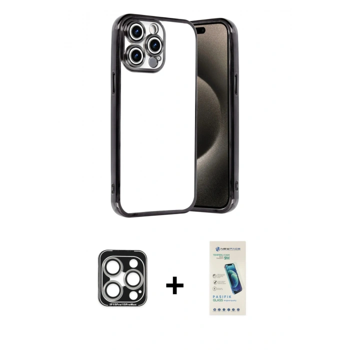 MARSİLYAN™- iPhone 15 Pro Max Kılıf Vadi Minimal - Şeffaf Pasifik Cam Ekran Koruyucu + PVD Metal Kamera Lens - GS