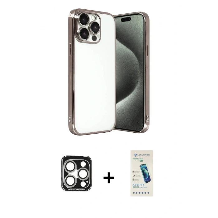 MARSİLYAN™- iPhone 15 Pro Max Kılıf Vadi Minimal - Şeffaf Pasifik Cam Ekran Koruyucu + PVD Metal Kamera Lens - GS