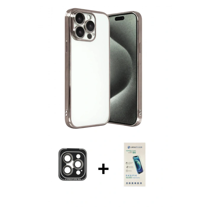 MARSİLYAN™- iPhone 15 Pro Max Kılıf Vadi Minimal - Şeffaf Pasifik Cam Ekran Koruyucu + PVD Metal Kamera Lens - GI