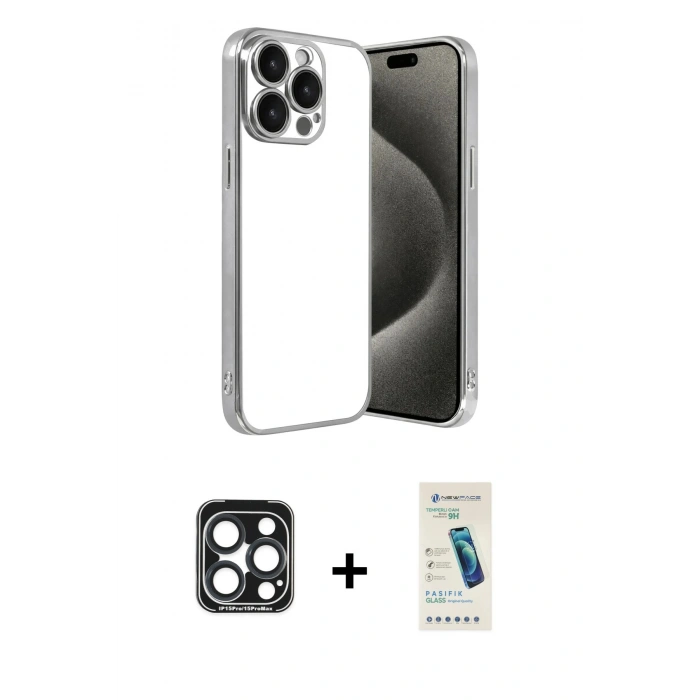 MARSİLYAN™- iPhone 15 Pro Max Kılıf Vadi Minimal - Şeffaf Pasifik Cam Ekran Koruyucu + PVD Metal Kamera Lens - LT