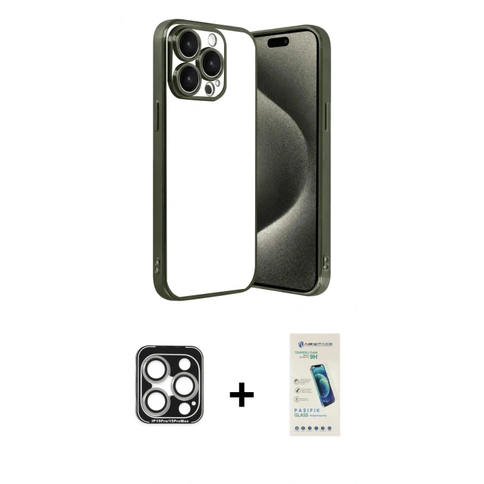 MARSİLYAN™- iPhone 15 Pro Max Kılıf Vadi Minimal - Şeffaf Pasifik Cam Ekran Koruyucu + PVD Metal Kamera Lens - GS