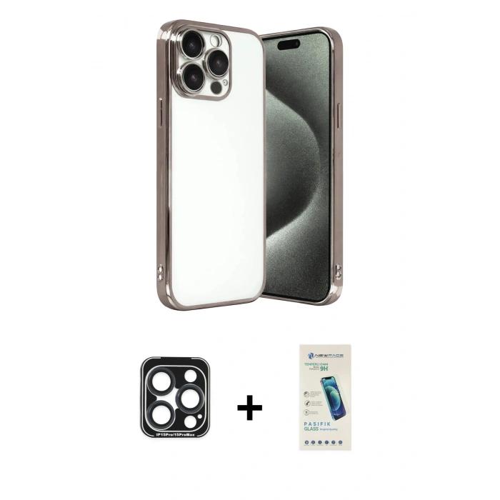 MARSİLYAN™- iPhone 15 Pro Max Kılıf Vadi Minimal - Şeffaf Pasifik Cam Ekran Koruyucu + PVD Metal Kamera Lens - LT