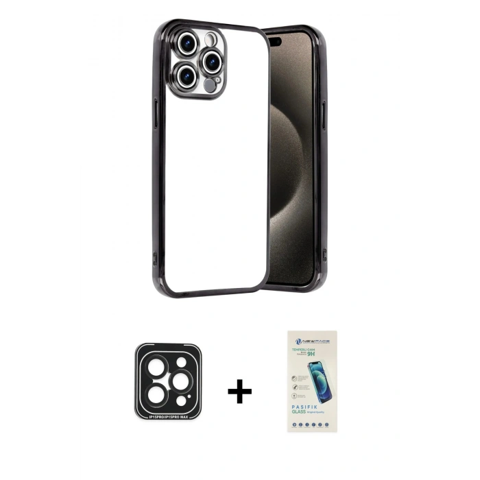 MARSİLYAN™- iPhone 15 Pro Max Kılıf Vadi Minimal - Şeffaf Pasifik Cam Ekran Koruyucu + PVD Metal Kamera Lens - SH