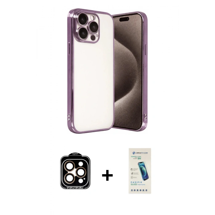MARSİLYAN™- iPhone 15 Pro Max Kılıf Vadi Minimal - Şeffaf Pasifik Cam Ekran Koruyucu + PVD Metal Kamera Lens - TU