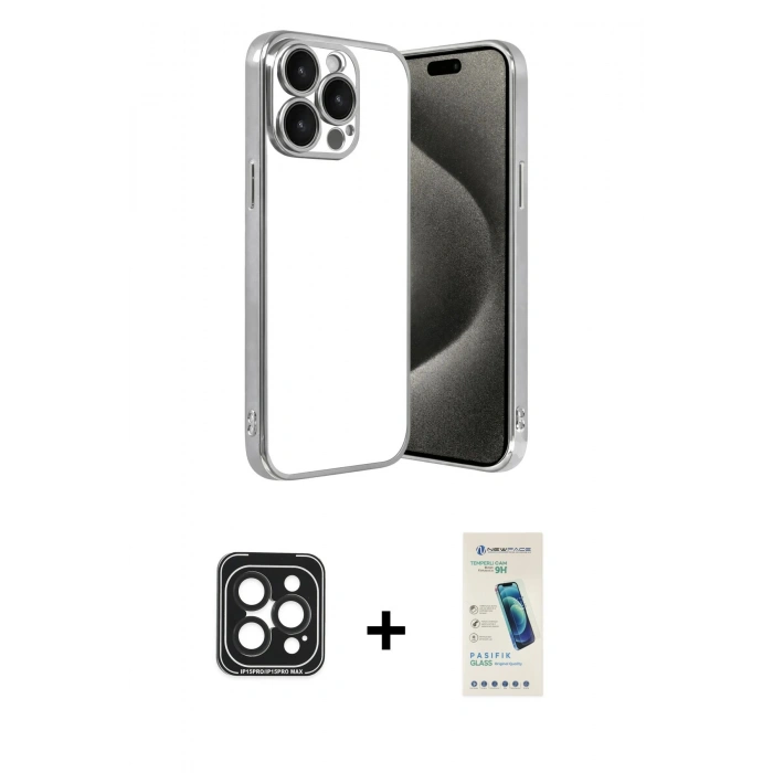 MARSİLYAN™- iPhone 15 Pro Max Kılıf Vadi Minimal - Şeffaf Pasifik Cam Ekran Koruyucu + PVD Metal Kamera Lens - SH