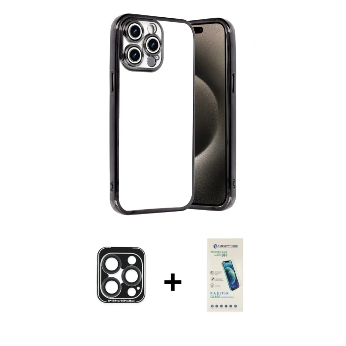 MARSİLYAN™- iPhone 15 Pro Max Kılıf Vadi Minimal - Şeffaf Pasifik Cam Ekran Koruyucu + PVD Metal Kamera Lens - LT