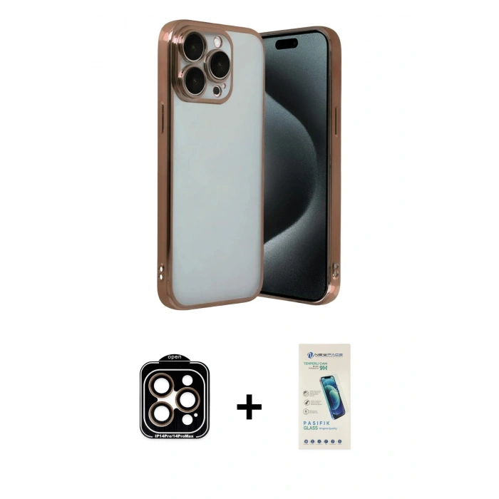 MARSİLYAN™- iPhone 15 Pro Max Kılıf Vadi Minimal - Şeffaf Pasifik Cam Ekran Koruyucu + PVD Metal Kamera Lens - TU