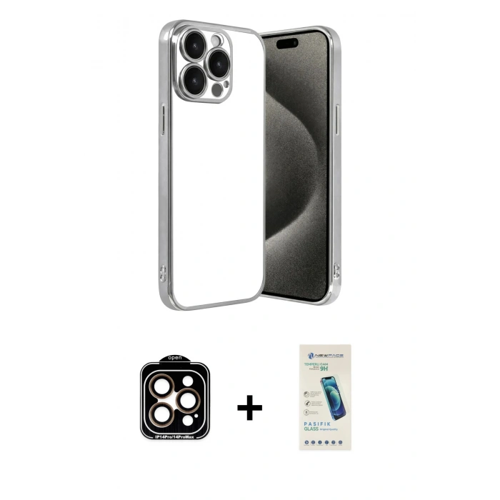 MARSİLYAN™- iPhone 15 Pro Max Kılıf Vadi Minimal - Şeffaf Pasifik Cam Ekran Koruyucu + PVD Metal Kamera Lens - TU