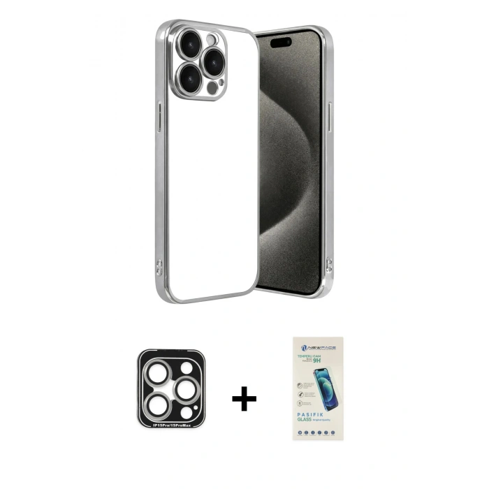 MARSİLYAN™- iPhone 15 Pro Max Kılıf Vadi Minimal - Şeffaf Pasifik Cam Ekran Koruyucu + PVD Metal Kamera Lens - GS