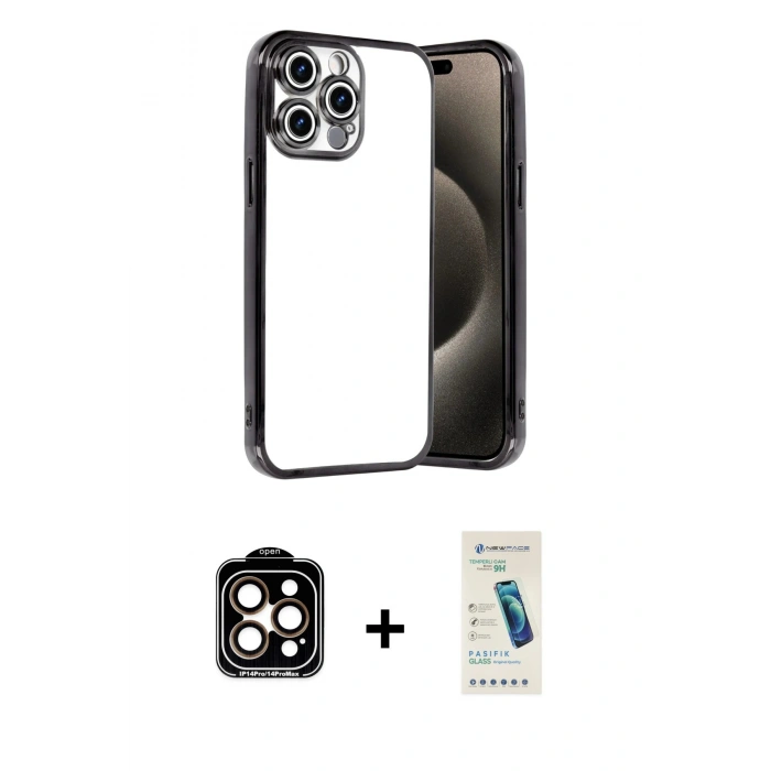 MARSİLYAN™- iPhone 15 Pro Max Kılıf Vadi Minimal - Şeffaf Pasifik Cam Ekran Koruyucu + PVD Metal Kamera Lens - TU