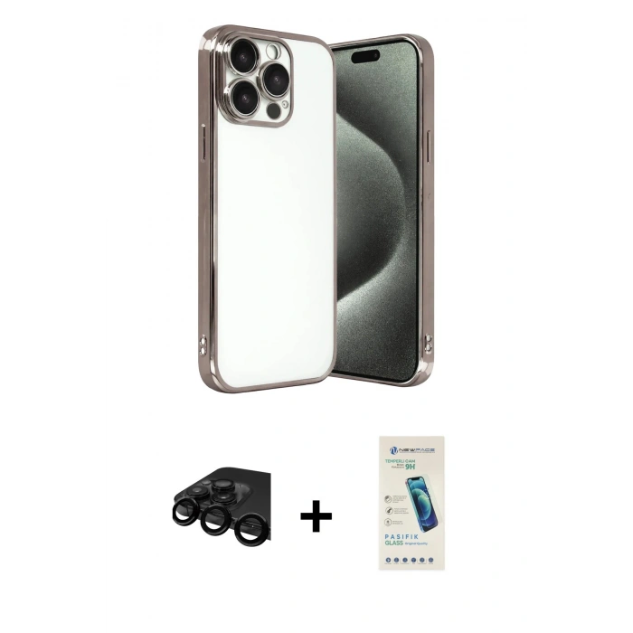 MARSİLYAN™- iPhone 15 Pro Max Kılıf Vadi Minimal - Şeffaf Pasifik Cam Ekran Koruyucu + Raze Metal Kamera Lens - SH