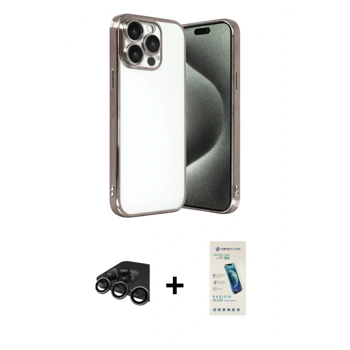 MARSİLYAN™- iPhone 15 Pro Max Kılıf Vadi Minimal - Şeffaf Pasifik Cam Ekran Koruyucu + Raze Metal Kamera Lens - TMGI