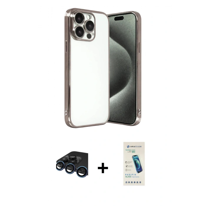 MARSİLYAN™- iPhone 15 Pro Max Kılıf Vadi Minimal - Şeffaf Pasifik Cam Ekran Koruyucu + Raze Metal Kamera Lens - LT
