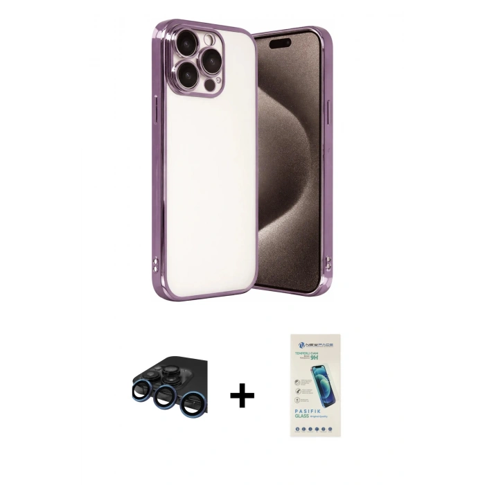 MARSİLYAN™- iPhone 15 Pro Max Kılıf Vadi Minimal - Şeffaf Pasifik Cam Ekran Koruyucu + Raze Metal Kamera Lens - LT