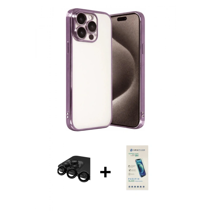 MARSİLYAN™- iPhone 15 Pro Max Kılıf Vadi Minimal - Şeffaf Pasifik Cam Ekran Koruyucu + Raze Metal Kamera Lens - SH