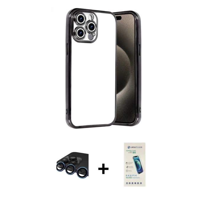 MARSİLYAN™- iPhone 15 Pro Max Kılıf Vadi Minimal - Şeffaf Pasifik Cam Ekran Koruyucu + Raze Metal Kamera Lens - LT