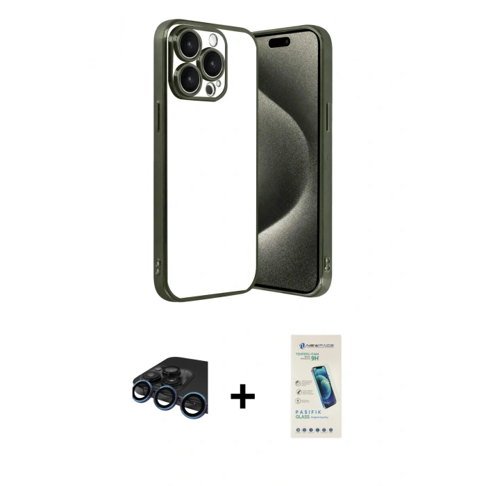 MARSİLYAN™- iPhone 15 Pro Max Kılıf Vadi Minimal - Şeffaf Pasifik Cam Ekran Koruyucu + Raze Metal Kamera Lens - LT