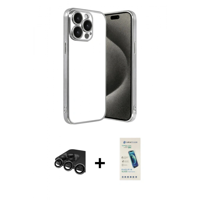 MARSİLYAN™- iPhone 15 Pro Max Kılıf Vadi Minimal - Şeffaf Pasifik Cam Ekran Koruyucu + Raze Metal Kamera Lens - TMGI