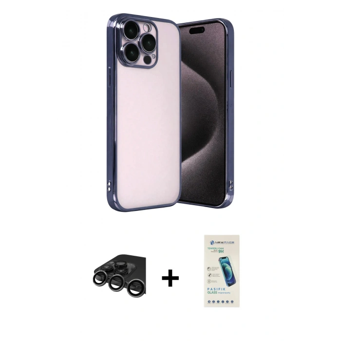 MARSİLYAN™- iPhone 15 Pro Max Kılıf Vadi Minimal - Şeffaf Pasifik Cam Ekran Koruyucu + Raze Metal Kamera Lens - TMGI