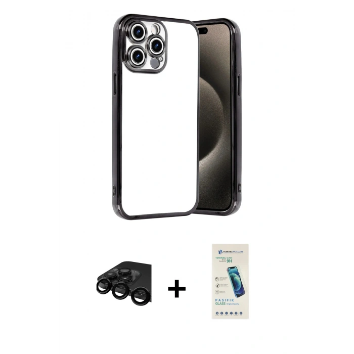 MARSİLYAN™- iPhone 15 Pro Max Kılıf Vadi Minimal - Şeffaf Pasifik Cam Ekran Koruyucu + Raze Metal Kamera Lens - SH