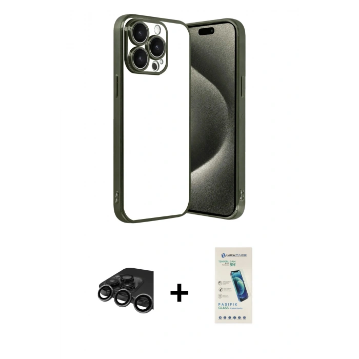 MARSİLYAN™- iPhone 15 Pro Max Kılıf Vadi Minimal - Şeffaf Pasifik Cam Ekran Koruyucu + Raze Metal Kamera Lens - TMGI