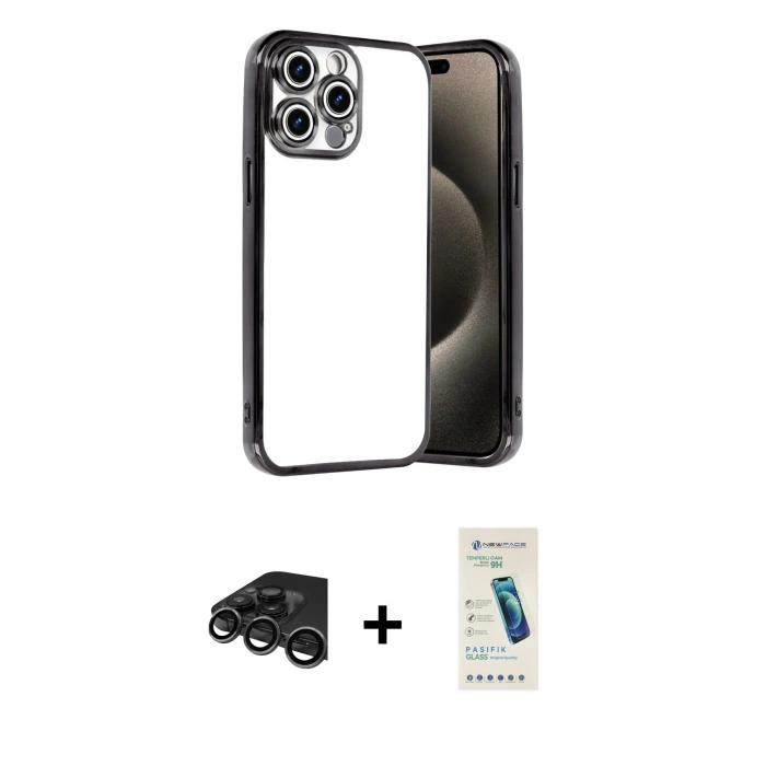 MARSİLYAN™- iPhone 15 Pro Max Kılıf Vadi Minimal - Şeffaf Pasifik Cam Ekran Koruyucu + Raze Metal Kamera Lens - TMGI
